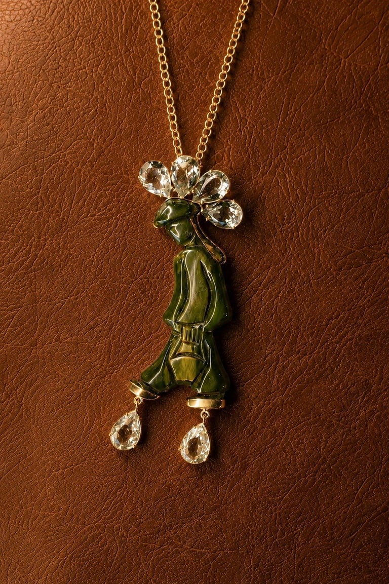 Gold chain necklace with green enamel pea pod pendant and crystal rhinestone accents on brown leather background