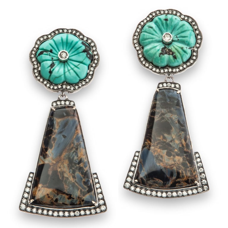 Pair of ornate drop earrings with turquoise carved tops and dark stone trapezoid bottoms, trimmed with diamonds