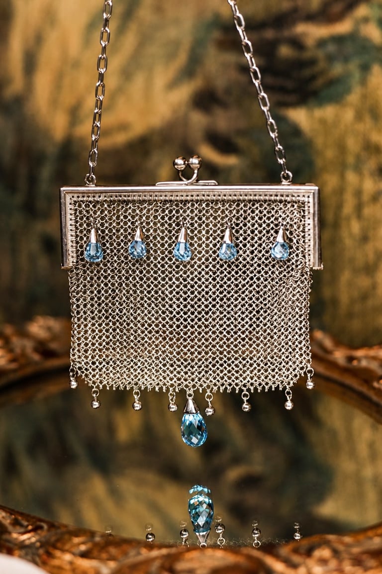 Vintage silver mesh evening bag with blue teardrop crystals and chain strap against a blurred garden background