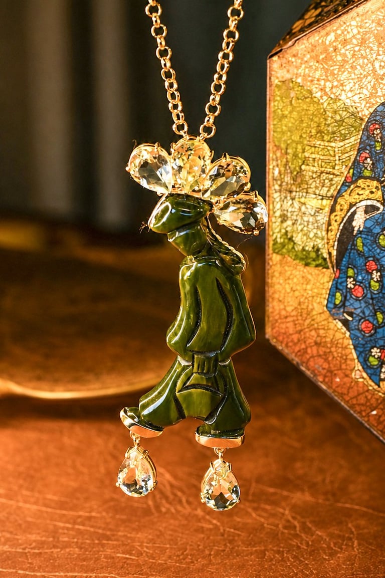 Gold and green gemstone pendant necklace with crystal drops hanging on chains