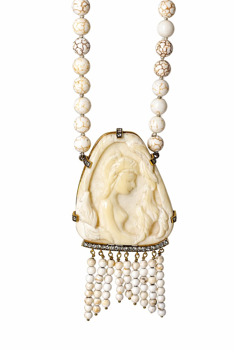 Ornate ivory pendant necklace with carved profile cameo, beaded strand, and dangling pearl fringe detail