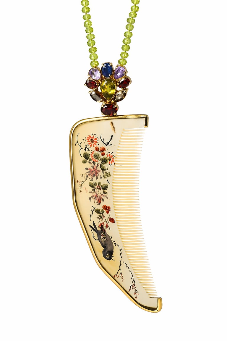 Decorative jade comb pendant with bird and floral design, hanging from green beaded necklace with gemstone clasp
