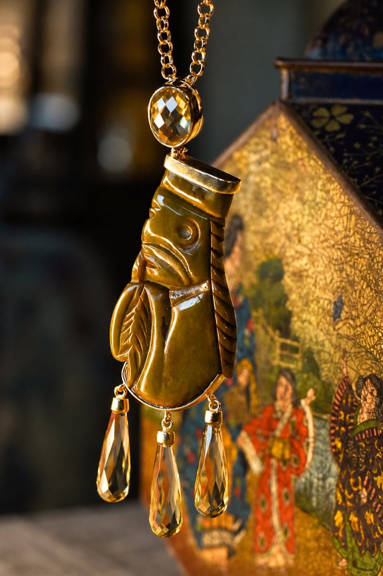 Gold elephant pendant necklace with dangling crystal drops and ornate decorative box in background
