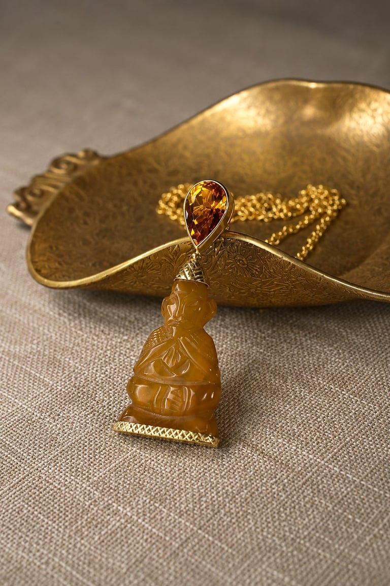 Gold pendant necklace with amber Buddha figurine and gold chain, displayed in a decorative gold leaf-shaped dish