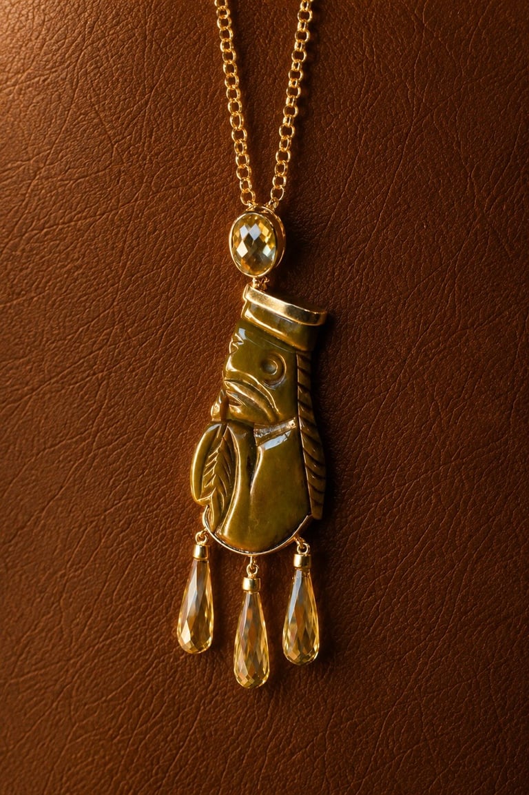 Gold decorative owl pendant necklace with crystal teardrop charms hanging from a delicate chain on a brown leather background