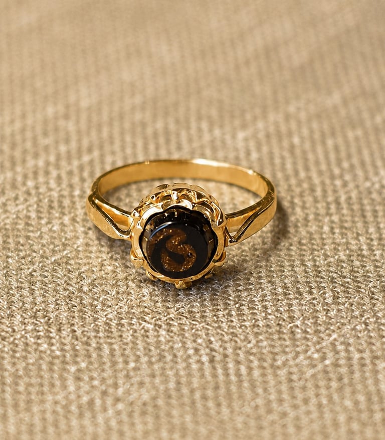 Gold ring with dark stone center on beige textured fabric background