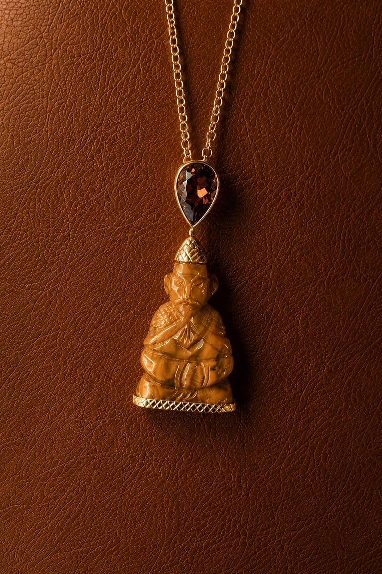 Gold chain necklace with wooden Buddha figurine pendant and teardrop gemstone accent on brown leather background