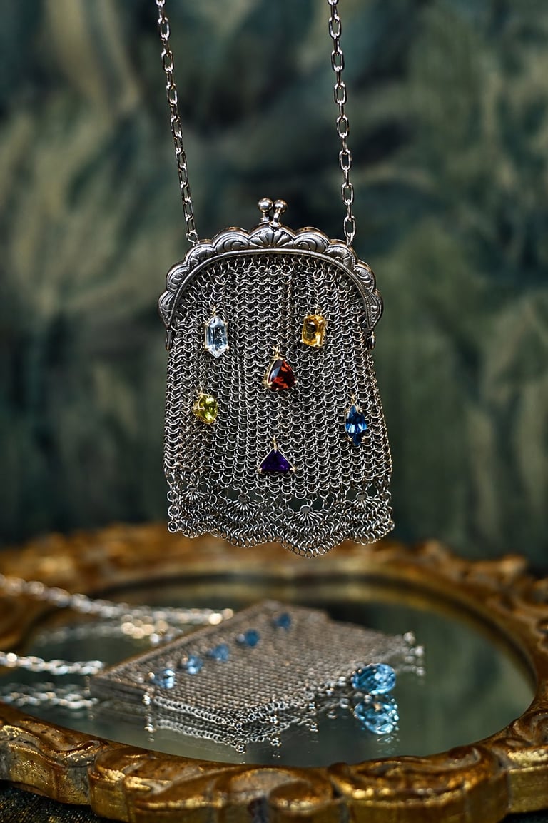 Vintage silver mesh coin purse with colorful gemstones on chain necklace, displayed above ornate mirror