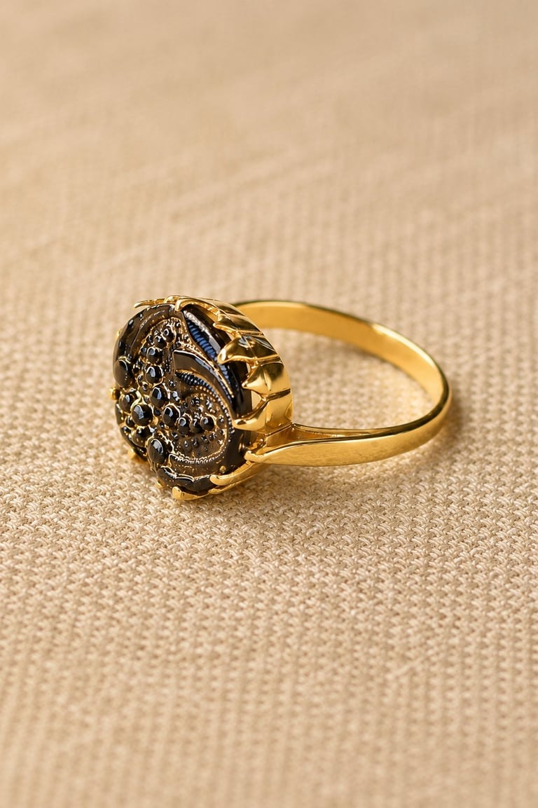 Gold ring with ornate filigree design featuring a dark stone center, displayed on a beige fabric background