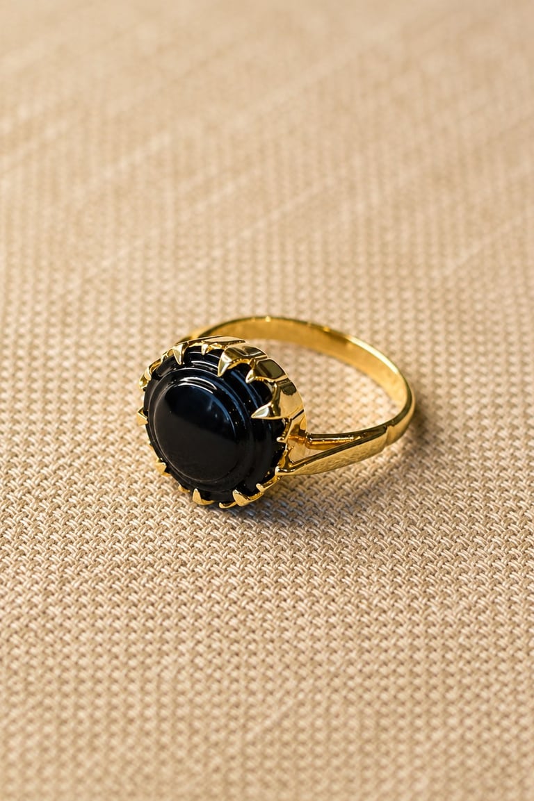 Gold ring with black onyx stone set in ornate crown-like bezel on beige fabric background