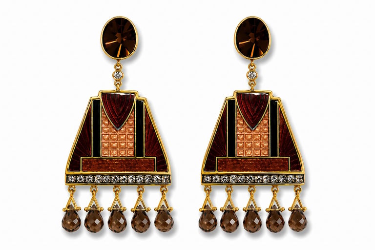 Pair of ornate gold and dark red geometric earrings with dangling smoky crystal beads