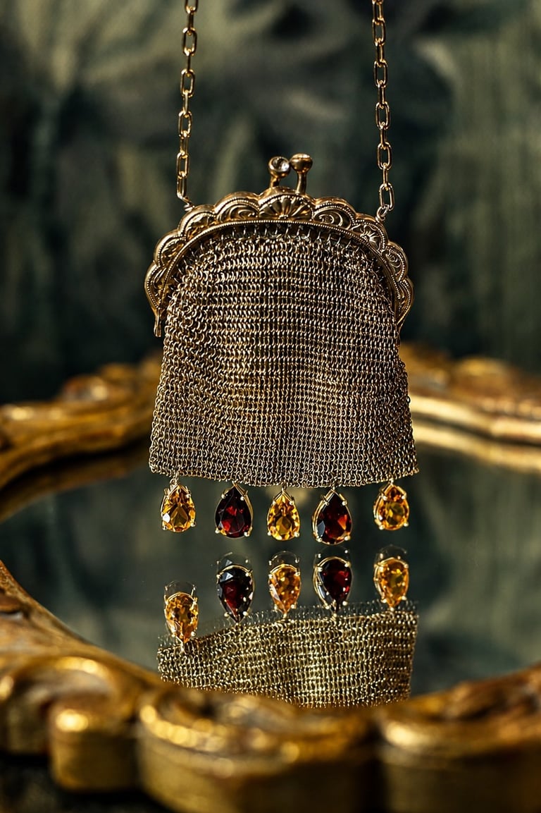 Vintage gold mesh evening bag with ornate frame and dangling gemstone accents, suspended by chain