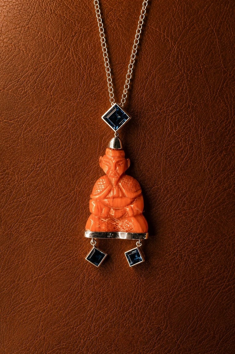 Silver chain necklace with orange carved stone Buddha pendant and black gemstone accents on brown leather background